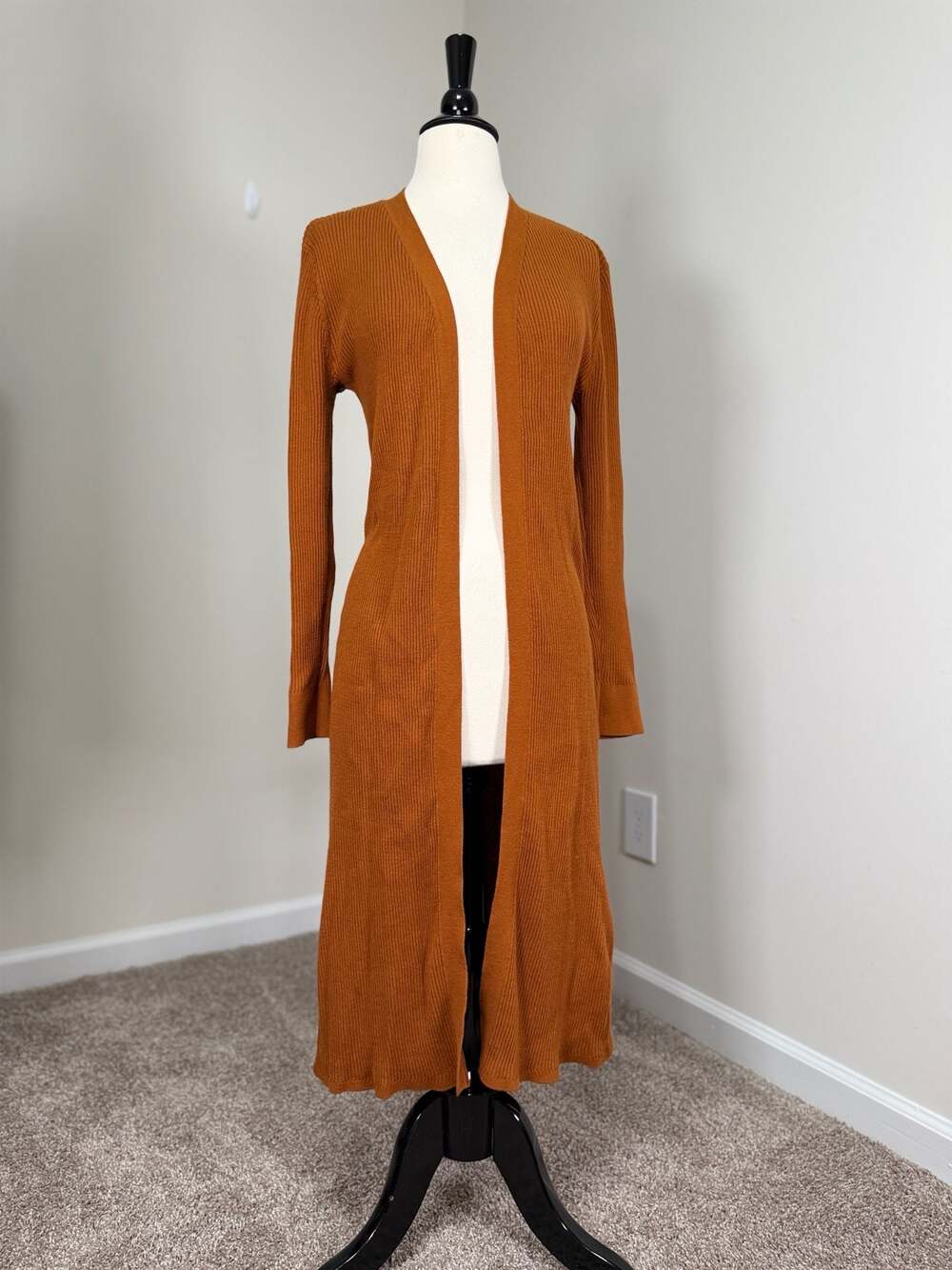 Kasper Longline Ribbed Cardigan Medium Rust Orange Duster Fall Cotton Blend